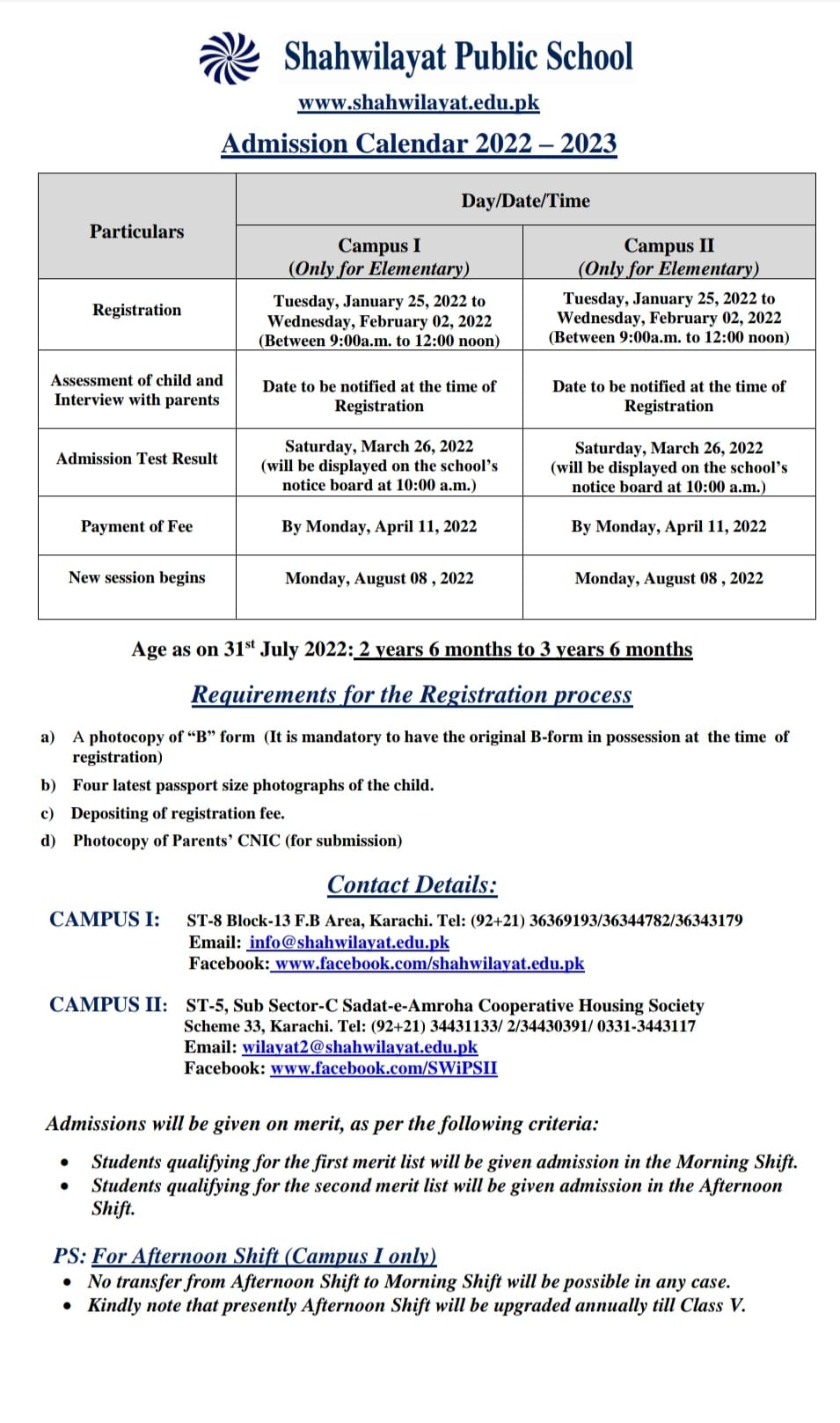Admission Calender 2022-2023